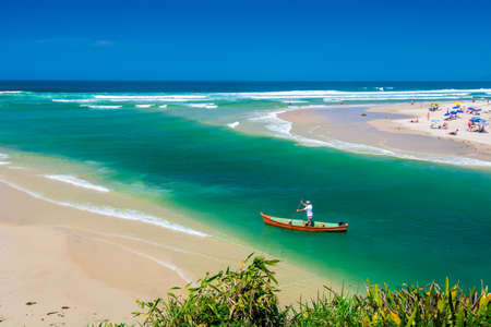 Panoramic view of Mother River and the ocean at Guarda do Embau beach in Santa Catarina Brazilの写真素材