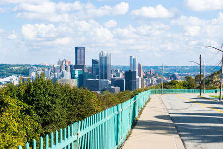 Dramatic Skyline of Downtown above the Monongahela River in Pittsburgh, Pennsylvaniaのeditorial素材