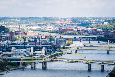 Dramatic Skyline of Downtown above the Monongahela River in Pittsburgh, Pennsylvania