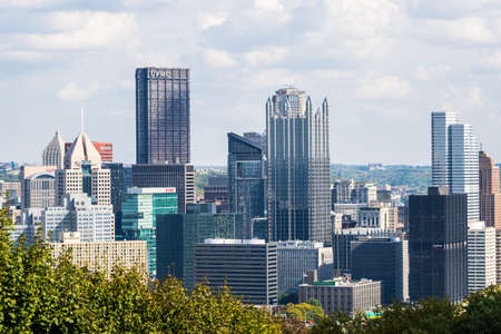 Dramatic Skyline of Downtown above the Monongahela River in Pittsburgh, Pennsylvaniaのeditorial素材