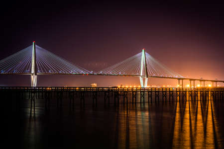 Arthur Ravenel Jr Bridge at Night on Wonders Way in Charleston, South Carolinaの写真素材