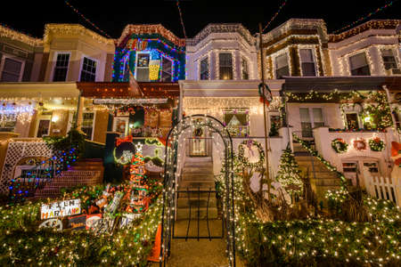 Holiday/ Christmas Lights on Building in Hampden, Baltimore Maryland at Nightのeditorial素材