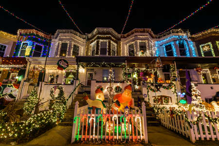 Holiday/ Christmas Lights on Building in Hampden, Baltimore Maryland at Nightのeditorial素材
