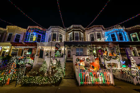 Holiday/ Christmas Lights on Building in Hampden, Baltimore Maryland at Nightのeditorial素材