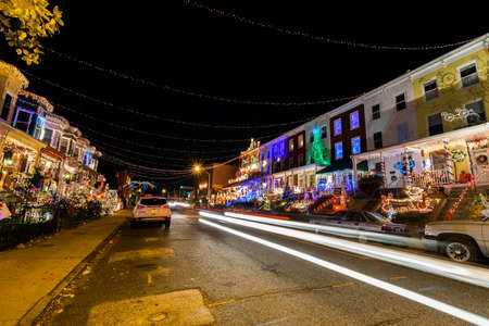 Holiday/ Christmas Lights on Building in Hampden, Baltimore Maryland at Nightのeditorial素材