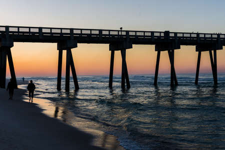 Peir at Panama City Beach, Florida at Sunriseの写真素材