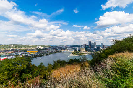 Dramatic Skyline of Downtown above the Monongahela River in Pittsburgh, Pennsylvaniaのeditorial素材
