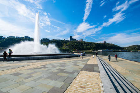 Summer Landscape of Point State Park Fountain in Pittsburgh, Pennsylvaniaのeditorial素材