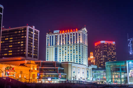 Skyline of Atlantic City, New Jersey at night at the boardwalkのeditorial素材
