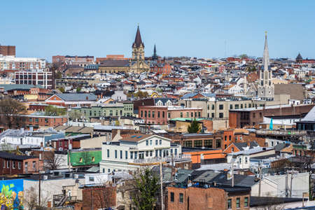 Aerial of downtown baltimore, maryland towards patterson park in springの写真素材