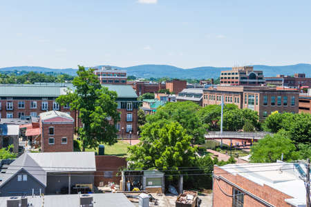 Aerial of Downtown Frederick and Carrol Creek Promenade in Frederick, Marylandの写真素材
