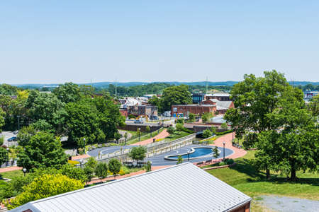 Aerial of Downtown Frederick and Carrol Creek Promenade in Frederick, Marylandの写真素材