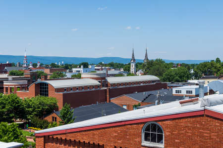 Aerial of Downtown Frederick and Carrol Creek Promenade in Frederick, Marylandの写真素材