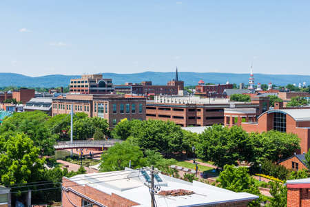 Aerial of Downtown Frederick and Carrol Creek Promenade in Frederick, Marylandの写真素材