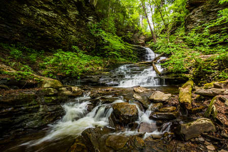 Scenic Waterfall in Ricketts Glen State Park in The Poconos in Pennsylvaniaの写真素材