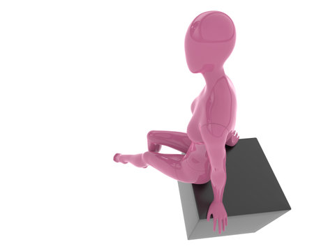 3d render of mannequin sitting on cube. Isolated white backgroundの写真素材
