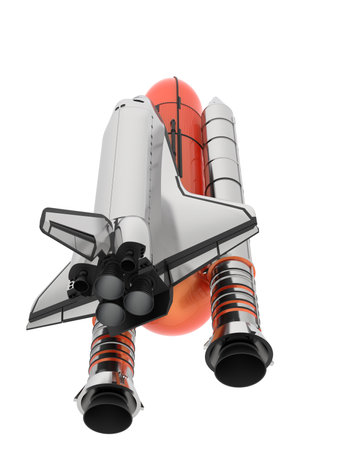 Space rocket isolated on white background. 3d render. Side view.