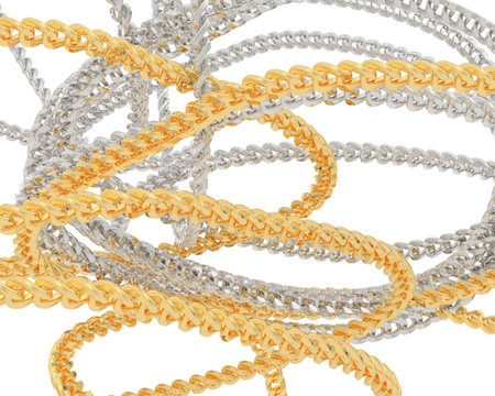 3d illustration of a bunch of gold chains isolated on white background