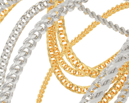 Gold, silver and bronze chains on a white background. 3d illustrationの写真素材