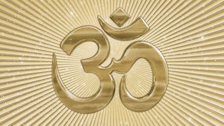 Om Symbol on Gold Rays Background 3D illustration, Cover Image, Thumbnailの写真素材