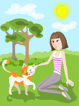 Woman resting on the nature with his cat, vector illustration eps 10のイラスト素材