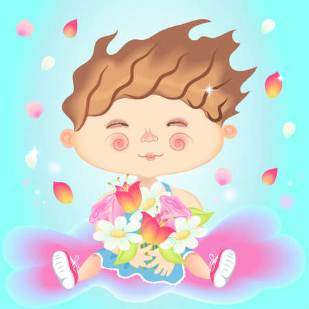 Happy little girl holds flowers, vector illustrationのイラスト素材