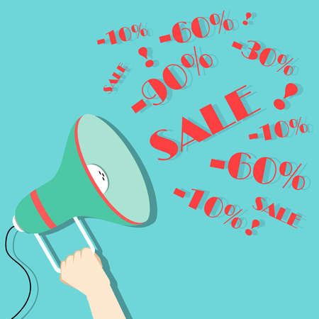 Megaphone present discounts on blue background. Big sale, big discount percent.のイラスト素材