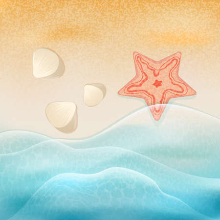 Seashells and starfish on the beach near the sea.のイラスト素材