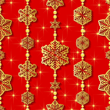 Gold snowflakes on red background. Seamless winter pattern. Vector illustration