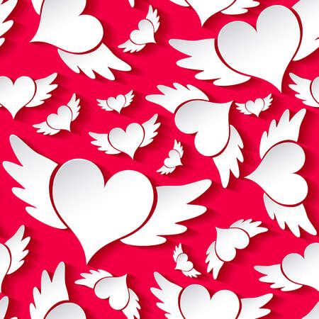 Valentines day card. White hearts with wings on a pink background. Seamless pattern. Vector illustration EPS 10.のイラスト素材