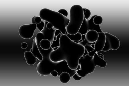 Fluid figure. Black metaball and drops on a dark background. Abstract background in black color. 3d...