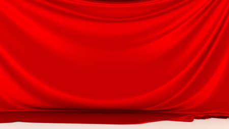 Red silk fabric on white floor. Red stage silk curtain. Beautiful background. High resolution.の写真素材