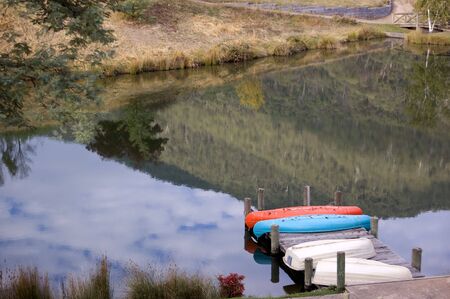 trees reflected on still water of lakeの写真素材
