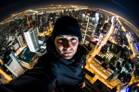 In the darkened city skyline, a man uses a GoPro to take selfies in high altitude, demonstrating his bravery and determination for adventure and challenge. Generative AI.の素材
