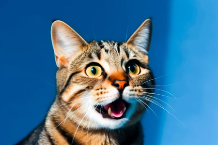 The cat, in front of the blue background, has eyes full of curiosity and a desire to explore.Generative AI.の素材