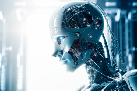 A side view of a humanoid head with a neon neural network, representing futuristic technology and artificial intelligence. Generative AI.の素材