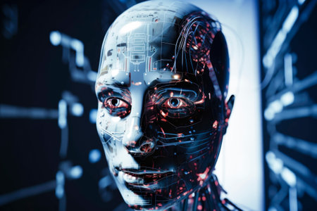 A side view of a humanoid head with a neon neural network, representing futuristic technology and artificial intelligence. Generative AI.の素材