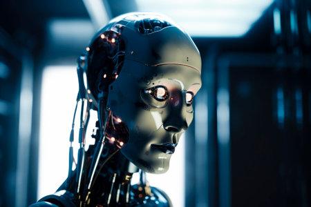 A side view of a humanoid head with a neon neural network, representing futuristic technology and artificial intelligence. Generative AI.の素材