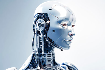 A side view of a humanoid head with a neon neural network, representing futuristic technology and artificial intelligence. Generative AI.の素材