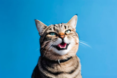 The cat, in front of the blue background, has eyes full of curiosity and a desire to explore.Generative AI.の素材