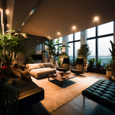 A spacious and bright rest area with a sofa and soothing green plants in the living room, generated AIの素材