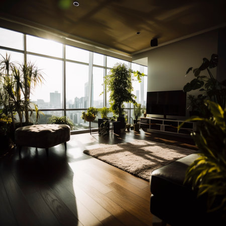A spacious and bright rest area with a sofa and soothing green plants in the living room, generated AIの素材