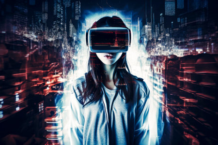 The person who experiences the future of technology with a VR headset, immersing themselves in it, is full of curiosity and passion for exploring unknown worlds.Generative AIの素材