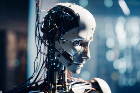 A side view of a humanoid head with a neon neural network, representing futuristic technology and artificial intelligence. Generative AI.の素材