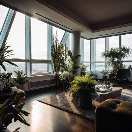 A spacious and bright rest area with a sofa and soothing green plants in the living room, generated AIの素材