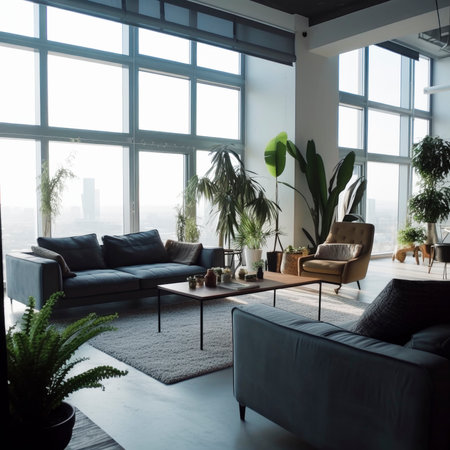 A spacious and bright rest area with a sofa and soothing green plants in the living room, generated AIの素材
