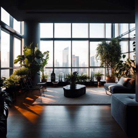 A spacious and bright rest area with a sofa and soothing green plants in the living room, generated AIの素材