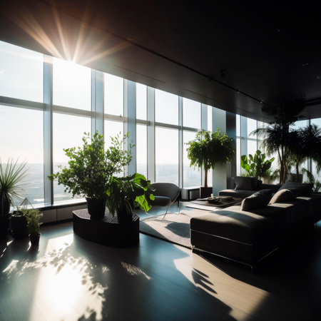 A spacious and bright rest area with a sofa and soothing green plants in the living room, generated AIの素材