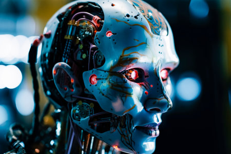 A side view of a humanoid head with a neon neural network, representing futuristic technology and artificial intelligence. Generative AI.の素材
