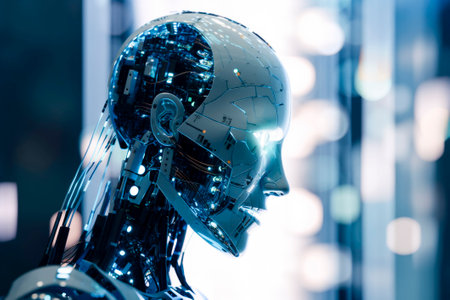 A side view of a humanoid head with a neon neural network, representing futuristic technology and artificial intelligence. Generative AI.の素材